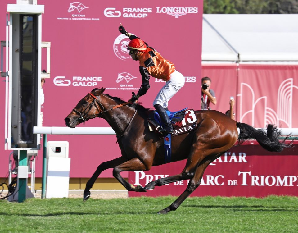 Ace Impact (13) ridden by Cristian Demuro wins the Qatar Prix De LArc De Triomphe (Group 1) at Longchamp Racecourse in Paris, France on October 1, 2023. Sandra Scherning/Eclipse Sportswire/CSM