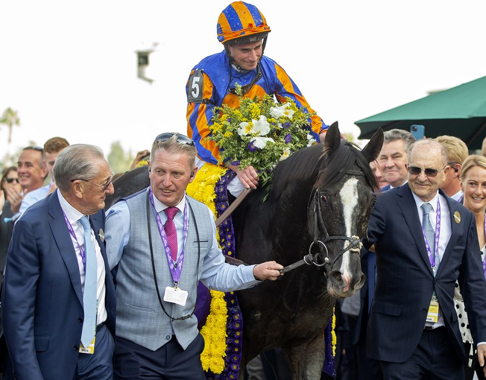 Auguste Rodin and jockey Ryan Moore win the Grade I $4,000,000 Longines Breeders' Cup Turf G1, 2023 at Santa Anita. Benoit Photo.